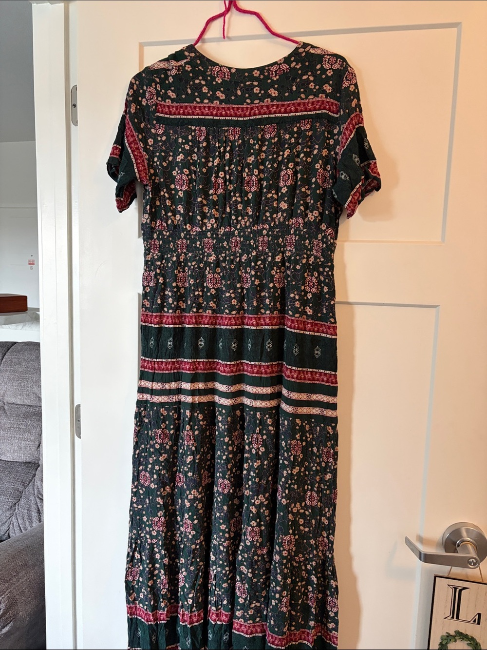 Knox Rose Dark Green Maxi Dress with Burgundy Floral Accents - Picture 4 of 5